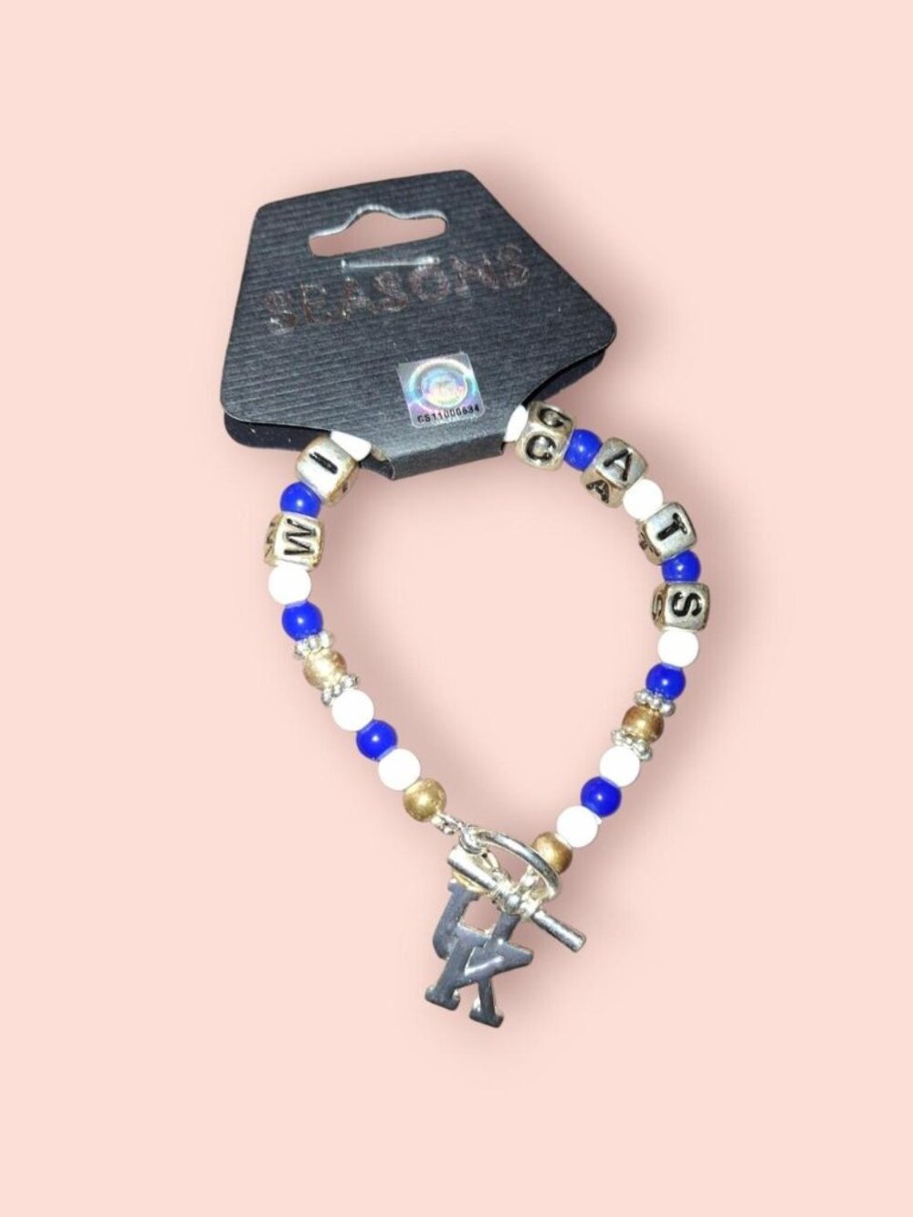 NWT kentucky wildcats. beaded bracelet with blue, white, and gold beads